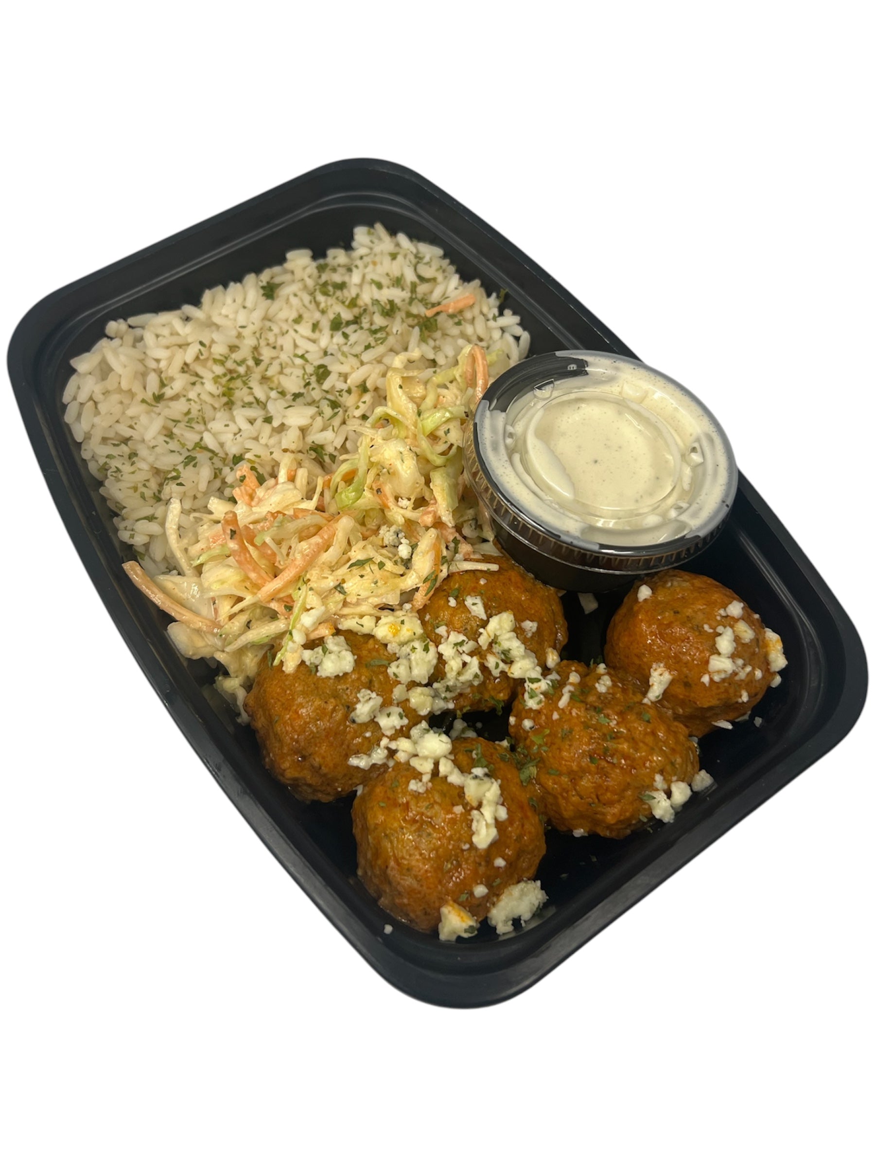 Buffalo Ranch Meatballs, Rice, Cabbage Slaw