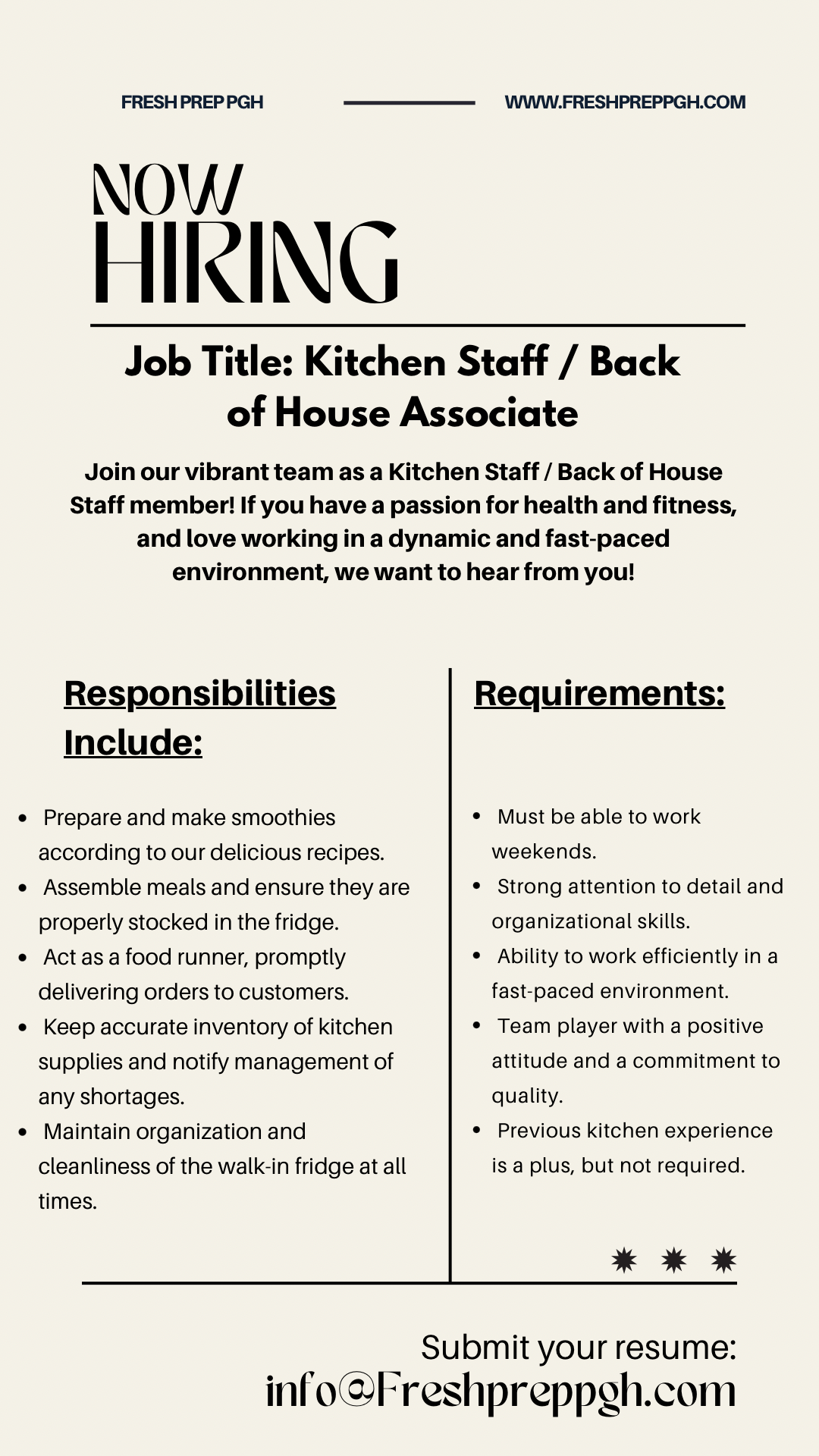 Kitchen Staff / Back of the House Associate