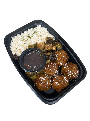 Honey BBQ Meatballs, Brussel Sprouts, Rice